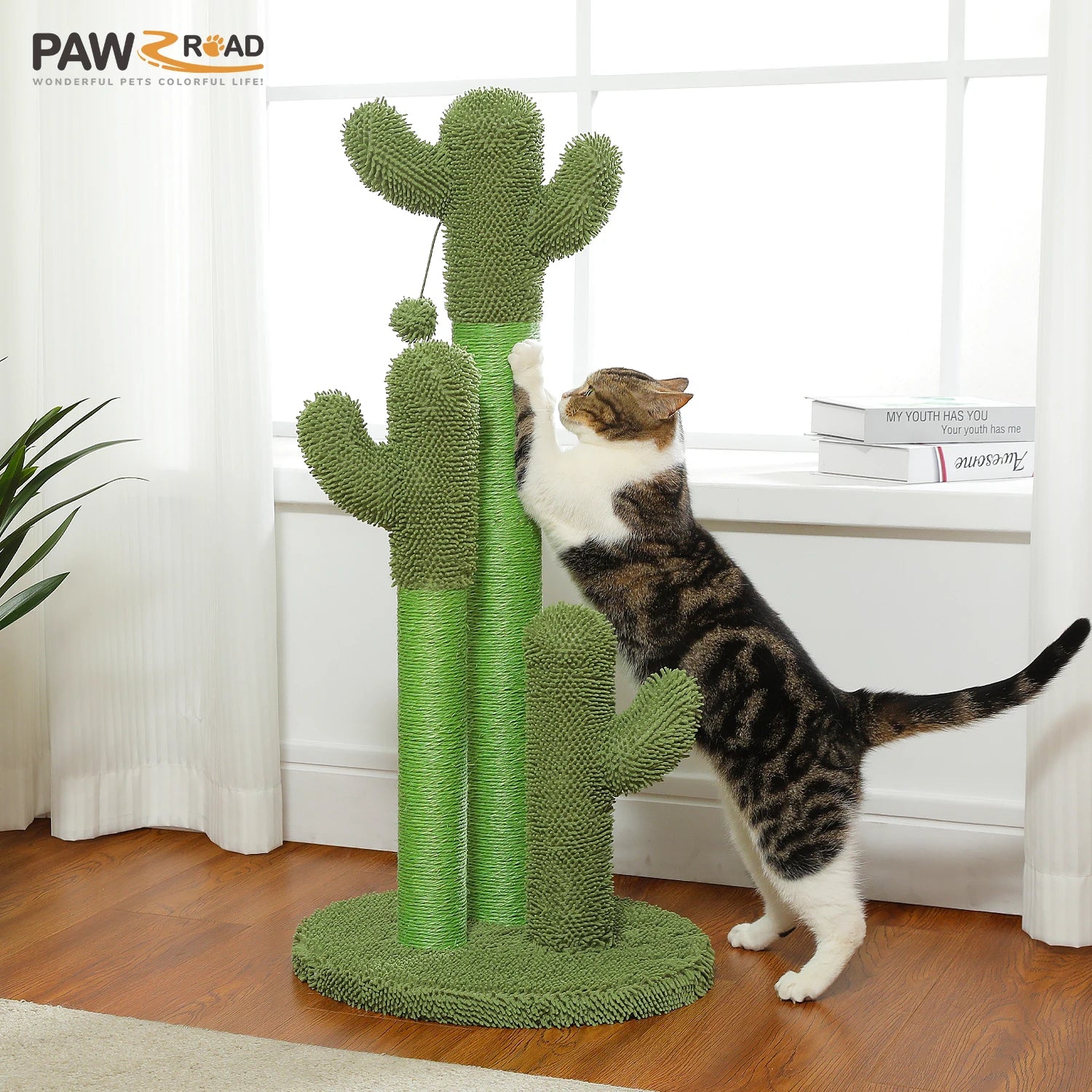 Cactus Cat Scratching Post – Tall Cat Scratcher for Indoor Cats with 3 Sisal Poles & Interactive Dangling Ball Toys