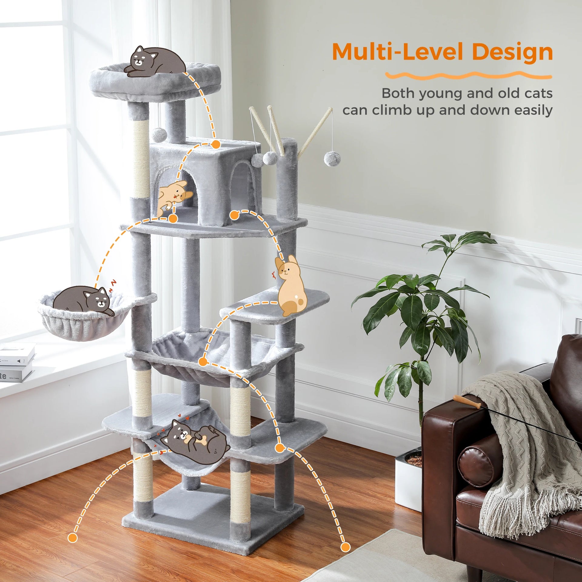 Multi-Level Cat Tree Tower for Indoor Cats – Modern Cat Furniture with Scratching Posts, Condo & Large Hammock